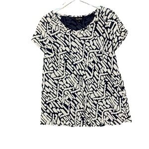 Evan Picone Shirt Womens 16 Blue‎ White Geometric Print Blouse Lined A-Line